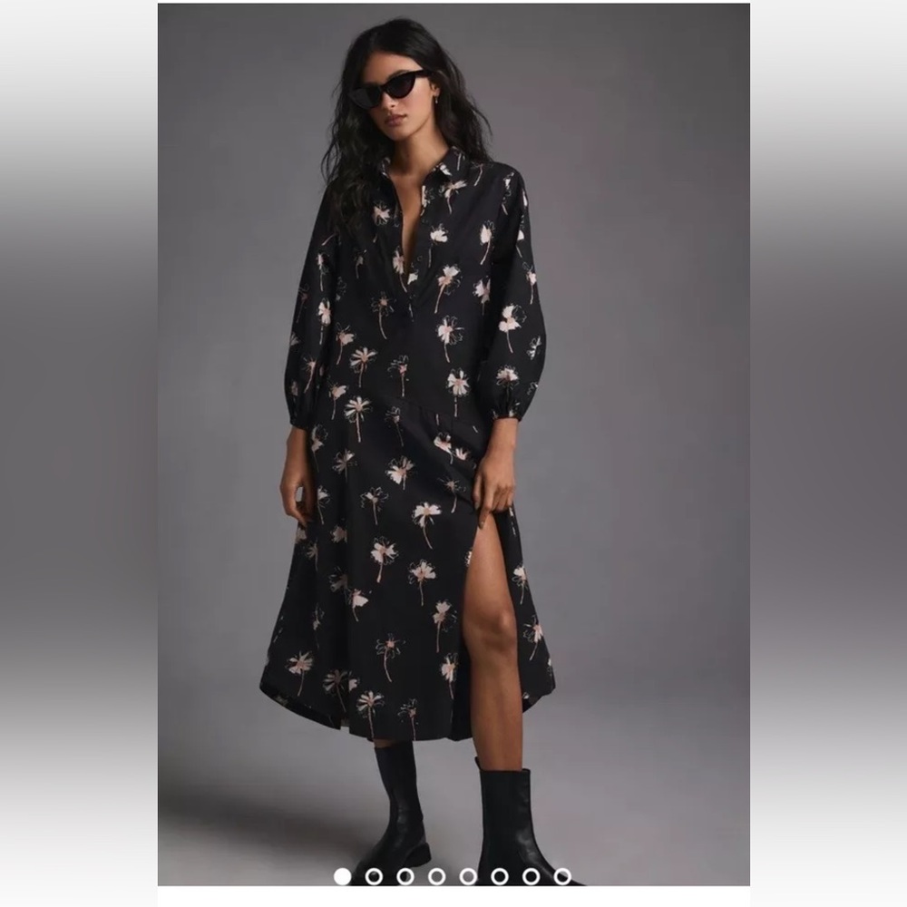 Anthropologie Maeve Button Front Asymmetrical Dress Maxi Daisy Print Black Tan
